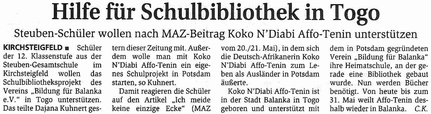 Märkische Allgemeine Zeitung: Hilfe für Schulbibliothek in Togo